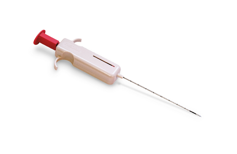 BIO-FEATHER is a semi-automatic spring loaded biopsy device